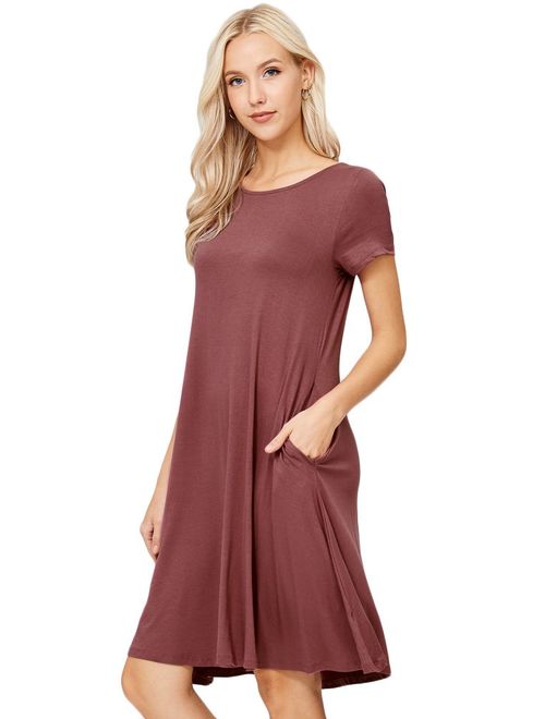 Annabelle Women's Comfy Short Sleeve Scoop Neck Swing Dresses with Pockets