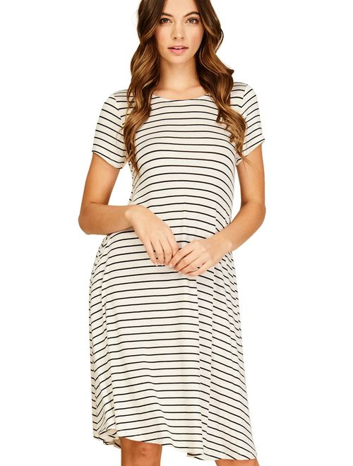 Annabelle Women's Comfy Short Sleeve Scoop Neck Swing Dresses with Pockets