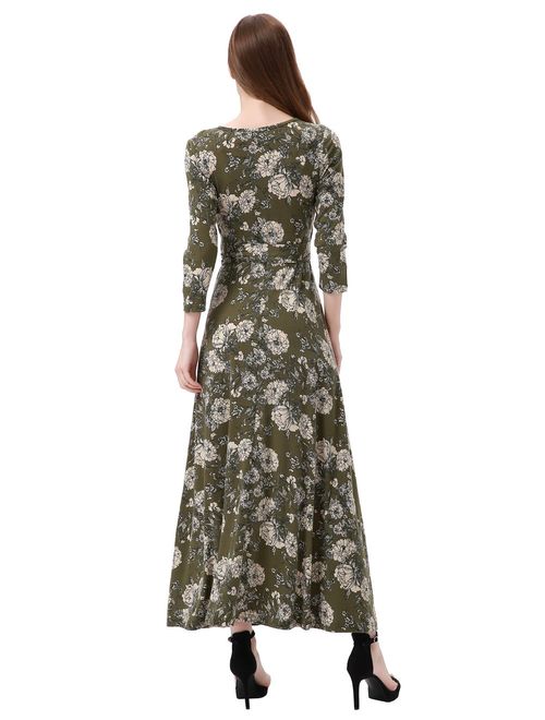 Aphratti Women's Fall Casual Faux Wrap V Neck Floral Long Maxi Dress