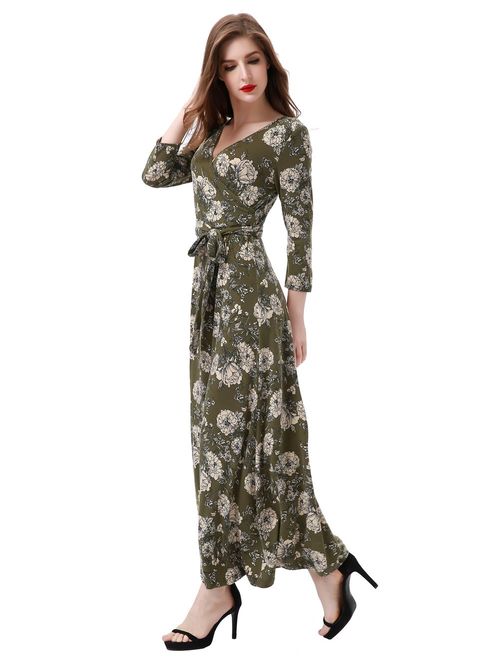 Aphratti Women's Fall Casual Faux Wrap V Neck Floral Long Maxi Dress