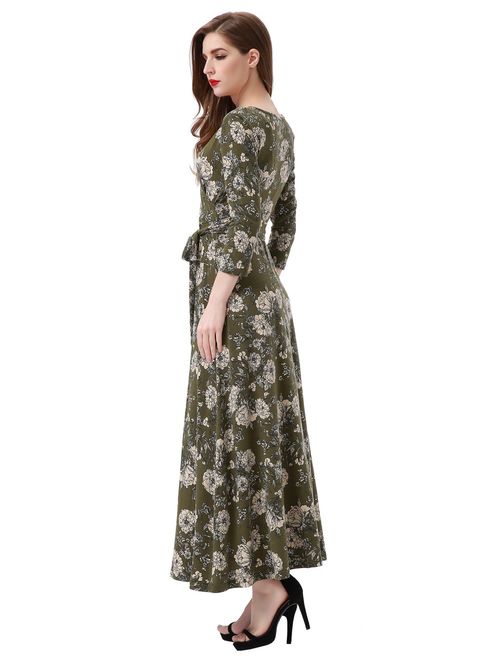 Aphratti Women's Fall Casual Faux Wrap V Neck Floral Long Maxi Dress