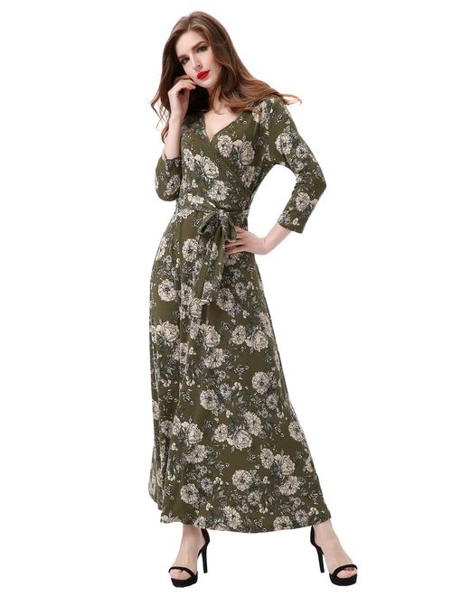 Aphratti Women's Fall Casual Faux Wrap V Neck Floral Long Maxi Dress