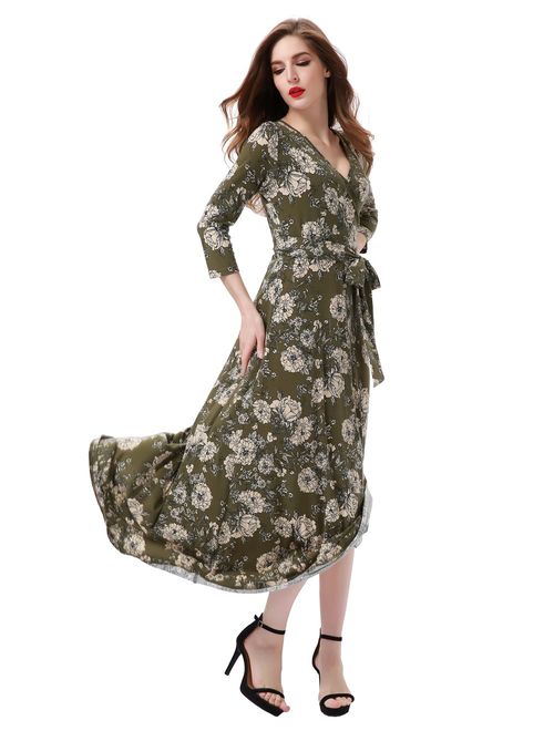 Aphratti Women's Fall Casual Faux Wrap V Neck Floral Long Maxi Dress