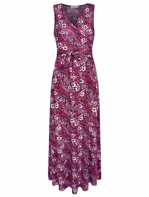 Aphratti Women's Fall Casual Faux Wrap V Neck Floral Long Maxi Dress