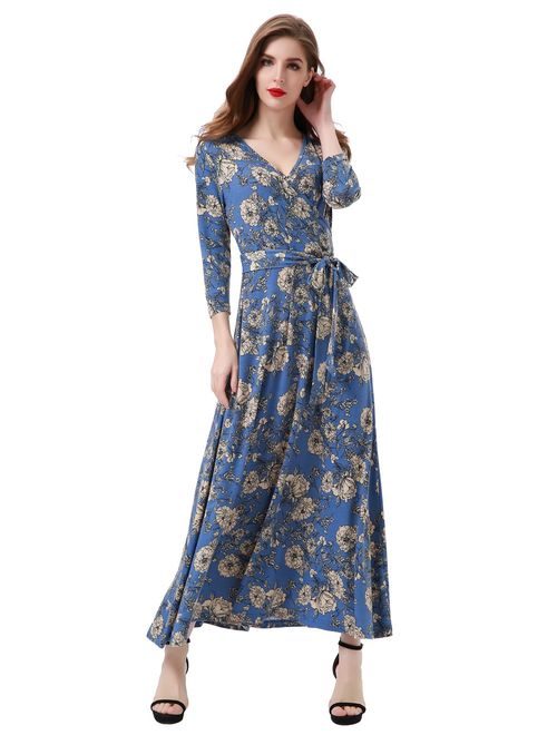 Aphratti Women's Fall Casual Faux Wrap V Neck Floral Long Maxi Dress