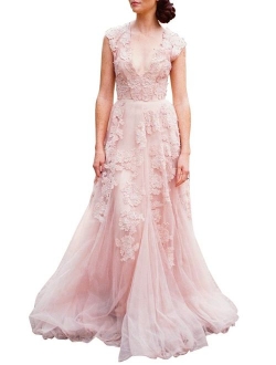 V-Neckline Tulle and Lace Wedding Dresses Key Hole Back Birdal Dress with Sweep Train