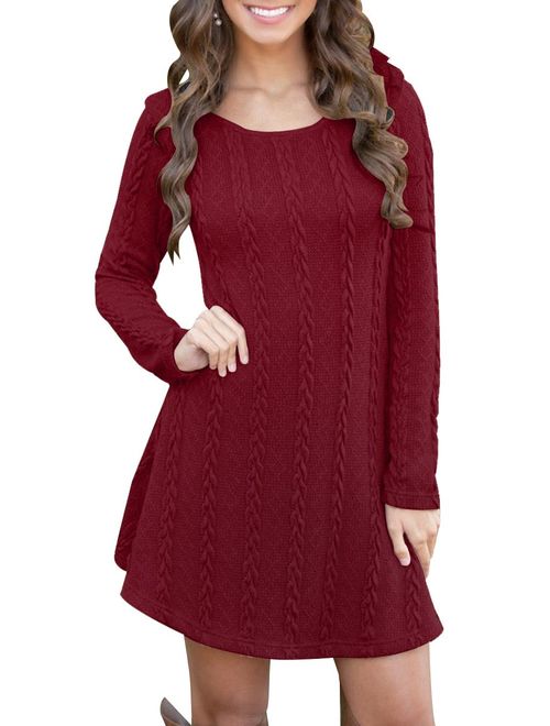 YMING Women's Cable Knit Crewneck Sweater Dress Casual Fall Pullover Top