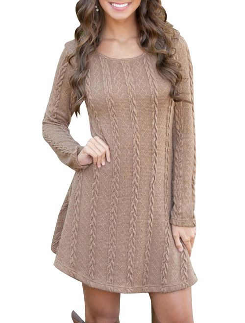 YMING Women's Cable Knit Crewneck Sweater Dress Casual Fall Pullover Top