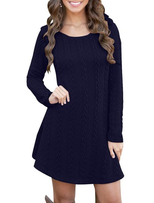 YMING Women's Cable Knit Crewneck Sweater Dress Casual Fall Pullover Top