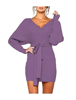 MANSY Women's Sexy Cocktail Batwing Long Sleeve Backless Mock Wrap Knit Sweater Mini Dress