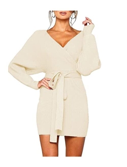 MANSY Women's Sexy Cocktail Batwing Long Sleeve Backless Mock Wrap Knit Sweater Mini Dress