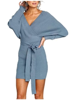 MANSY Women's Sexy Cocktail Batwing Long Sleeve Backless Mock Wrap Knit Sweater Mini Dress