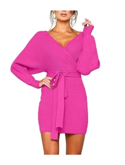 MANSY Women's Sexy Cocktail Batwing Long Sleeve Backless Mock Wrap Knit Sweater Mini Dress