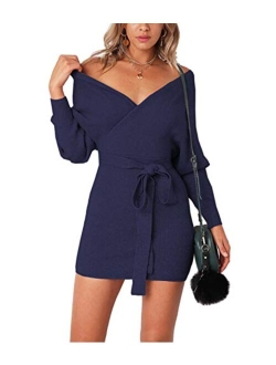 MANSY Women's Sexy Cocktail Batwing Long Sleeve Backless Mock Wrap Knit Sweater Mini Dress