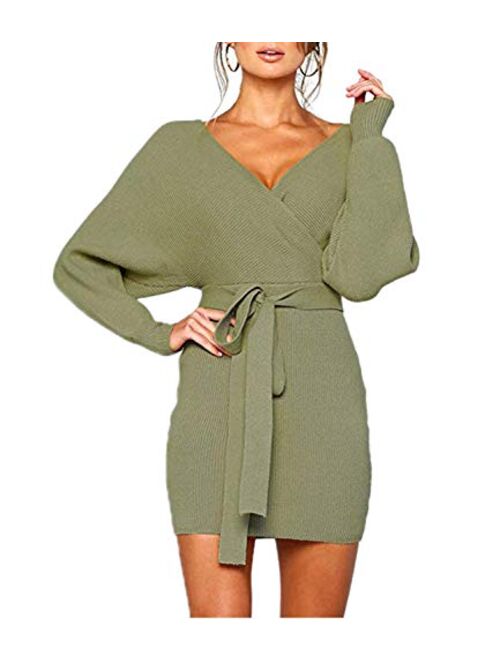 MANSY Women's Sexy Cocktail Batwing Long Sleeve Backless Mock Wrap Knit Sweater Mini Dress