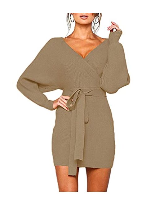 MANSY Women's Sexy Cocktail Batwing Long Sleeve Backless Mock Wrap Knit Sweater Mini Dress