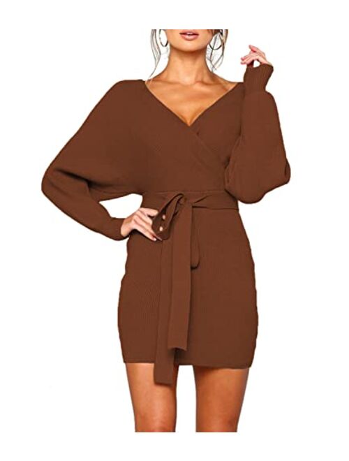 MANSY Women's Sexy Cocktail Batwing Long Sleeve Backless Mock Wrap Knit Sweater Mini Dress