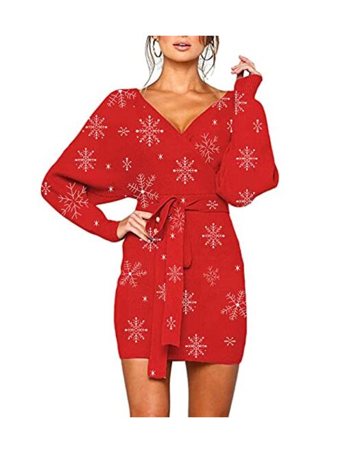 MANSY Women's Sexy Cocktail Batwing Long Sleeve Backless Mock Wrap Knit Sweater Mini Dress