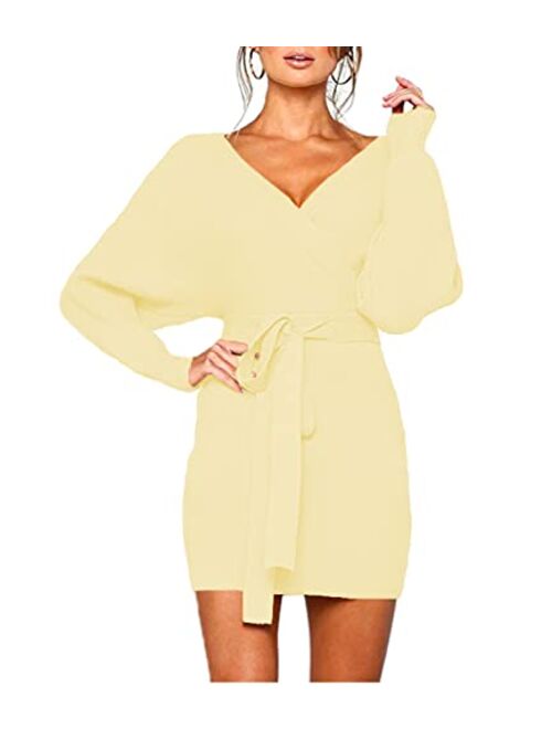 MANSY Women's Sexy Cocktail Batwing Long Sleeve Backless Mock Wrap Knit Sweater Mini Dress