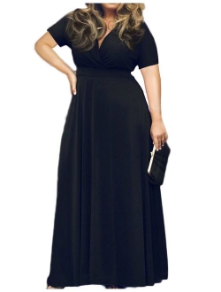 POSESHE Women's Solid V-Neck Short Sleeve Plus Size Evening Party Maxi Dress