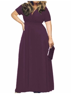 POSESHE Women's Solid V-Neck Short Sleeve Plus Size Evening Party Maxi Dress