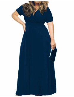 POSESHE Women's Solid V-Neck Short Sleeve Plus Size Evening Party Maxi Dress