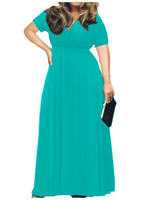 POSESHE Women's Solid V-Neck Short Sleeve Plus Size Evening Party Maxi Dress