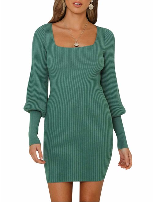 Sollinarry Women's Turtleneck Long Sleeve Slim Fit Knit Sweater Bodycon Mini Dress