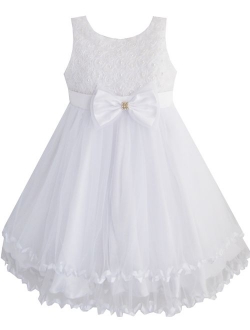 Girls Dress Purple Flower White Tulle Pleated Wedding Party