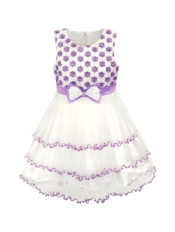 Girls Dress Purple Flower White Tulle Pleated Wedding Party