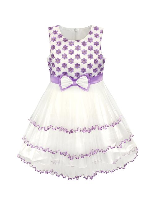 Sunny Fashion Girls Dress Purple Flower White Tulle Pleated Wedding Party