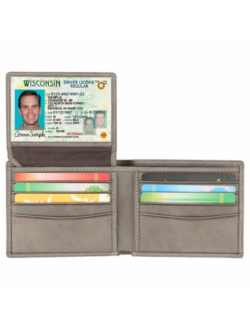 RFID Blocking Cowhide Leather Bifold Wallet for Men with 2 ID Windows