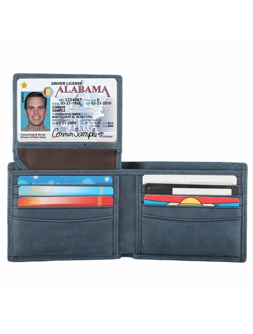 RFID Blocking Cowhide Leather Bifold Wallet for Men with 2 ID Windows