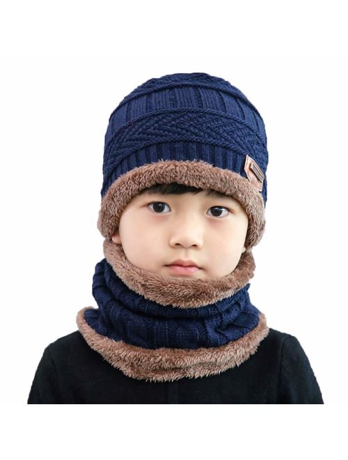 XYIYI Kids Winter Hat and Scarf Set, 2Pcs Warm Knit Beanie Cap and Scarf for 5-14 Years Old