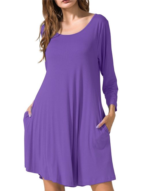 JollieLovin Women's Casual Swing 3/4 Sleeve Pockets T-Shirt Loose Dress