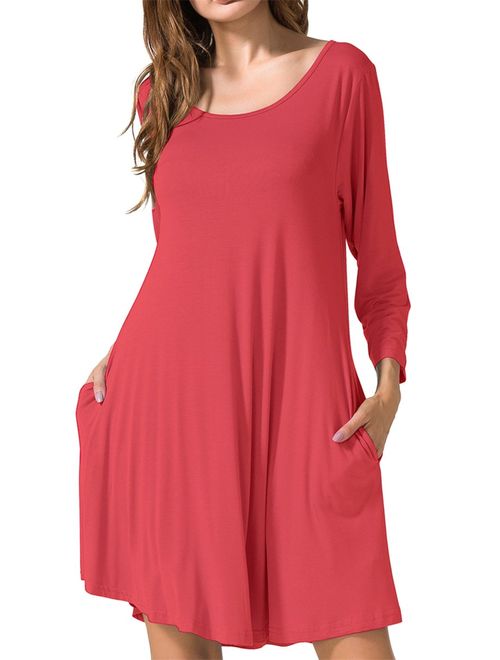 JollieLovin Women's Casual Swing 3/4 Sleeve Pockets T-Shirt Loose Dress