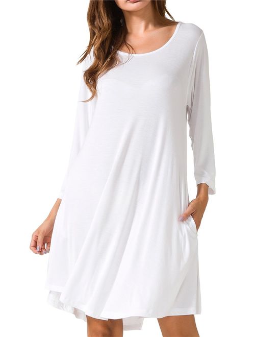 JollieLovin Women's Casual Swing 3/4 Sleeve Pockets T-Shirt Loose Dress