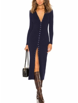 CMZ2005 Women's Button Down Long Sleeve Sweater Dress Bodycon Party Maxi Dress 6088