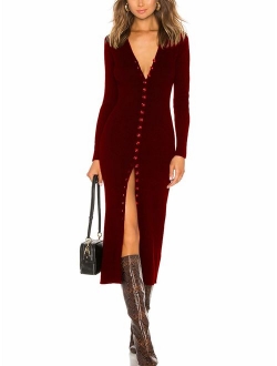 CMZ2005 Women's Button Down Long Sleeve Sweater Dress Bodycon Party Maxi Dress 6088