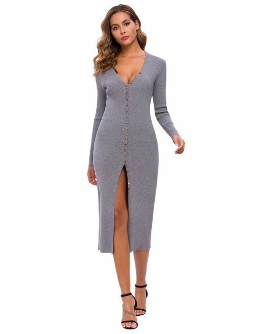 CMZ2005 Women's Button Down Long Sleeve Sweater Dress Bodycon Party Maxi Dress 6088