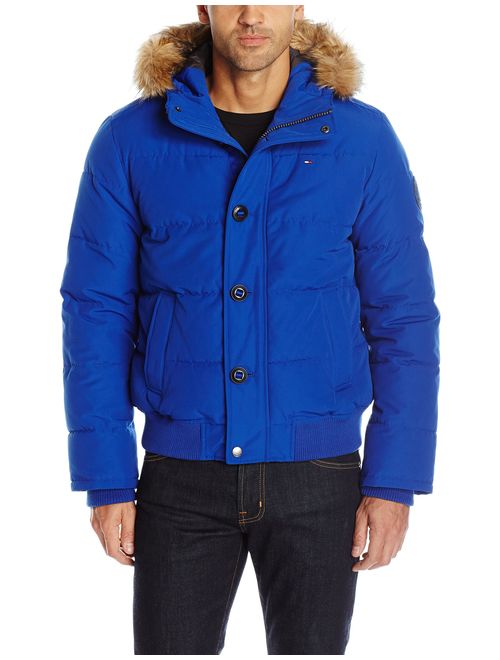 Tommy Hilfiger Men's Arctic Cloth Quilted Snorkel Bomber Jacket with Removable Faux Fur Trimmed Hood