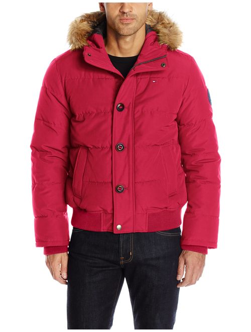 Tommy Hilfiger Men's Arctic Cloth Quilted Snorkel Bomber Jacket with Removable Faux Fur Trimmed Hood