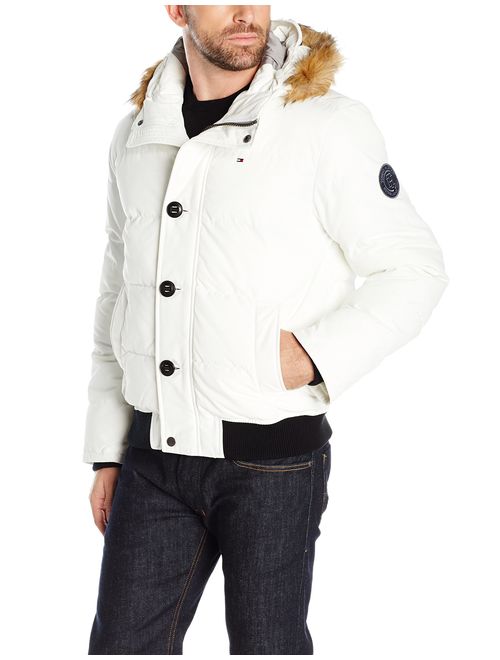 Tommy Hilfiger Men's Arctic Cloth Quilted Snorkel Bomber Jacket with Removable Faux Fur Trimmed Hood