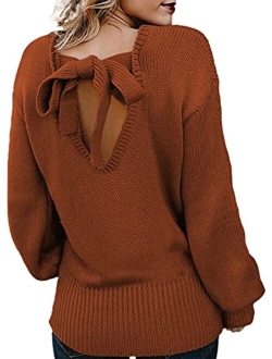 Women's Long Sleeve Criss Cross V Neck Knitted Sweater Backless Loose Jumper Sweaters