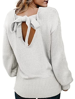 Women's Long Sleeve Criss Cross V Neck Knitted Sweater Backless Loose Jumper Sweaters