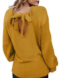 Women's Long Sleeve Criss Cross V Neck Knitted Sweater Backless Loose Jumper Sweaters