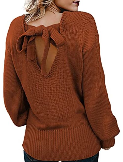 Asvivid Women's Long Sleeve Criss Cross V Neck Knitted Sweater Backless Loose Jumper Sweaters