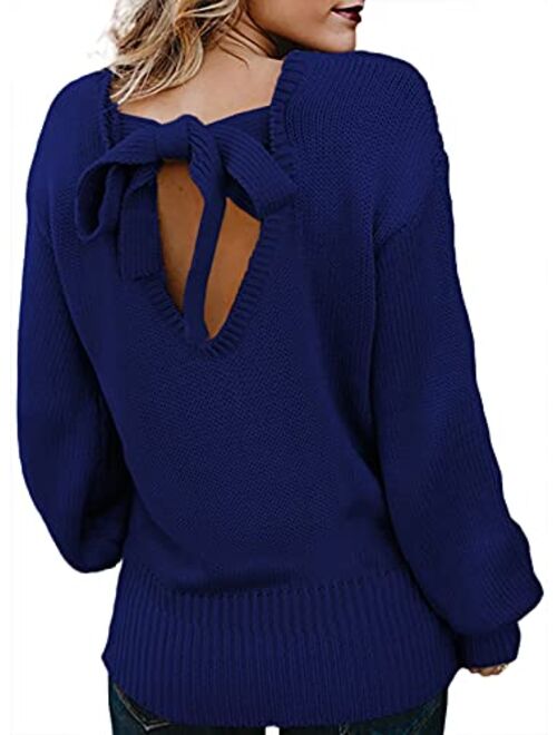 Asvivid Women's Long Sleeve Criss Cross V Neck Knitted Sweater Backless Loose Jumper Sweaters