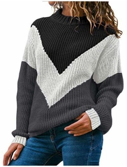 shermie Women Long Sleeve Crew Neck Pullovers Stitching Color Loose Knitted Sweaters