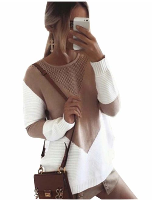 shermie Women Long Sleeve Crew Neck Pullovers Stitching Color Loose Knitted Sweaters